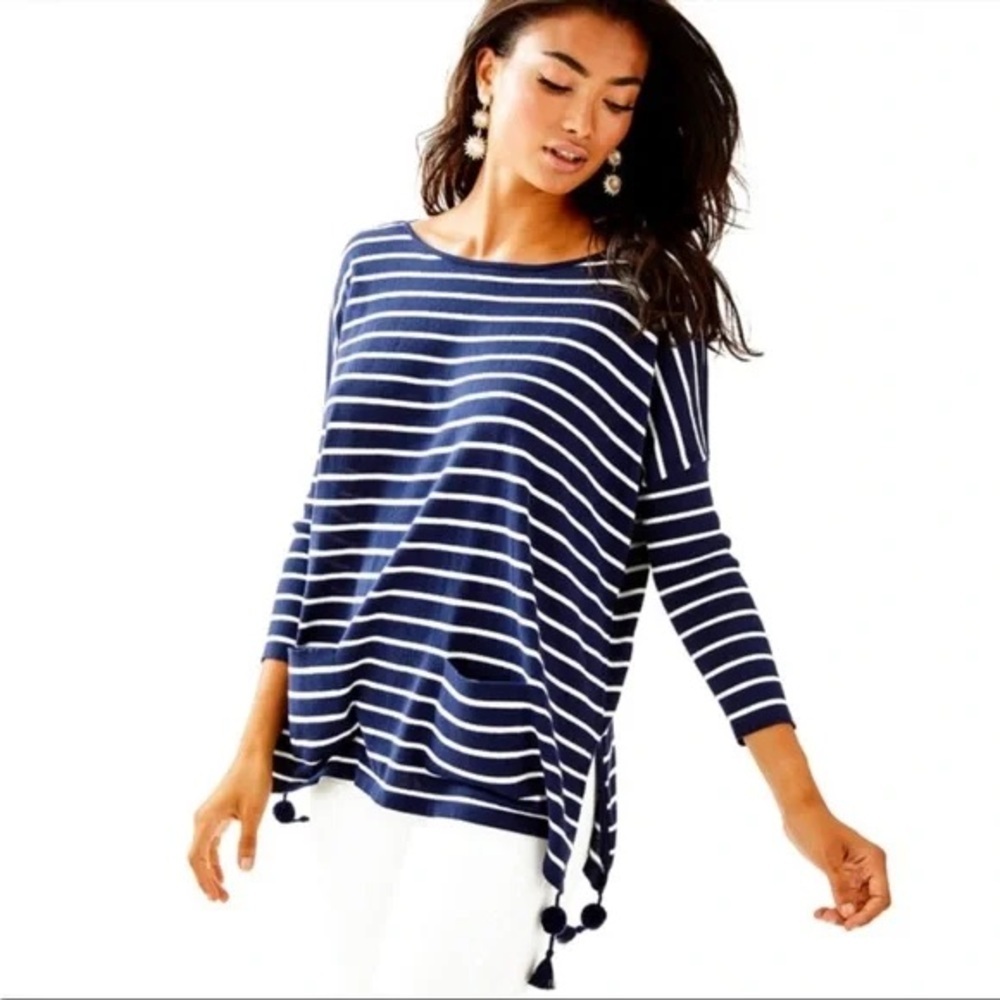 Lilly Pulitzer Navy Stripe Coolmax Elba Sweater With Tassels